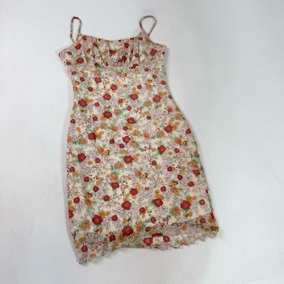 Liz & Sara Dresses & Skirts - Liz & Sara Mini Dress Womens Medium Tan Floral Y2K Lined Smocked Crepe Milkmaid